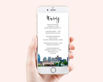 Cincinnati Electronic Itinerary Template, Weekend Events, Wedding Schedule, Timeline Card, Text Message, Email, Editable  PPW71
