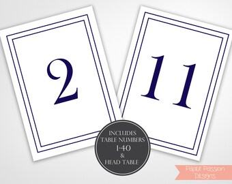 Navy Table Numbers, Simple Modern Wedding Table Numbers Printable, Classic Border Numbers, Table Number Cards, Instant Download PDF