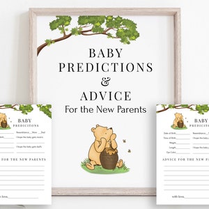 Babyvoorspellingskaarten en teken, Winnie de Poeh Baby Games-sjabloon, advies voor ouders, klassieke Poeh, bewerkbare afdrukbare PPB320 WINNIE