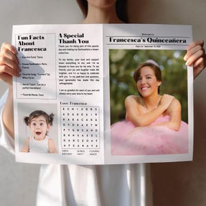 May include: A pink and white Quinceañera celebration invitation with a photo of the birthday girl in a pink dress. The invitation includes a word search puzzle with the words "Love, Francesca, Dress, Birthday, Quince, Party, Flowers, Dance".