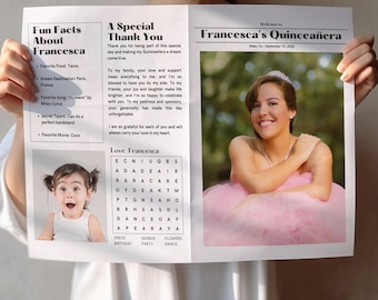 Quinceañera Newspaper Birthday Program Template: Editable in Canva (Digital Download) NEWS25006