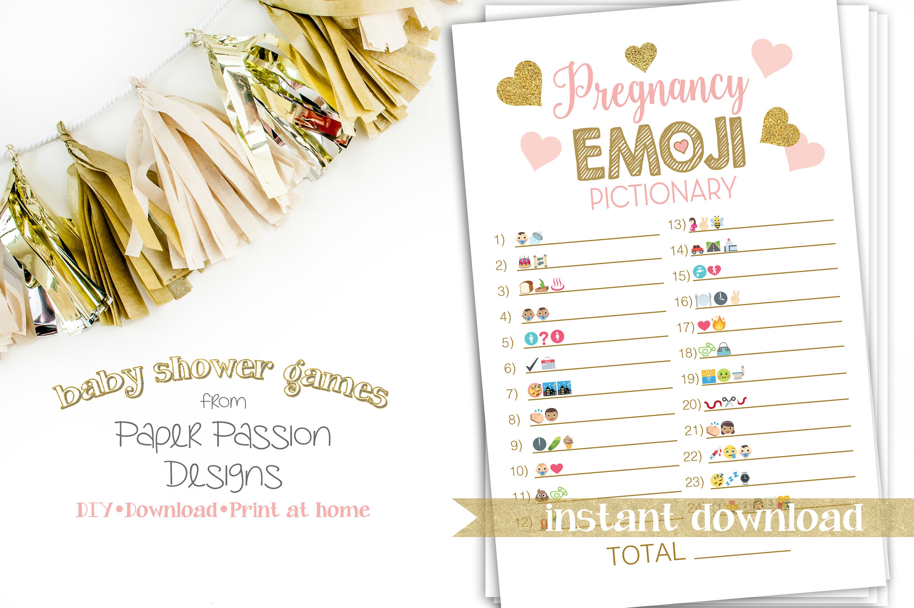 Glitter Emoji Pregnancy Pictionary Pink and Gold Baby Shower Etsy