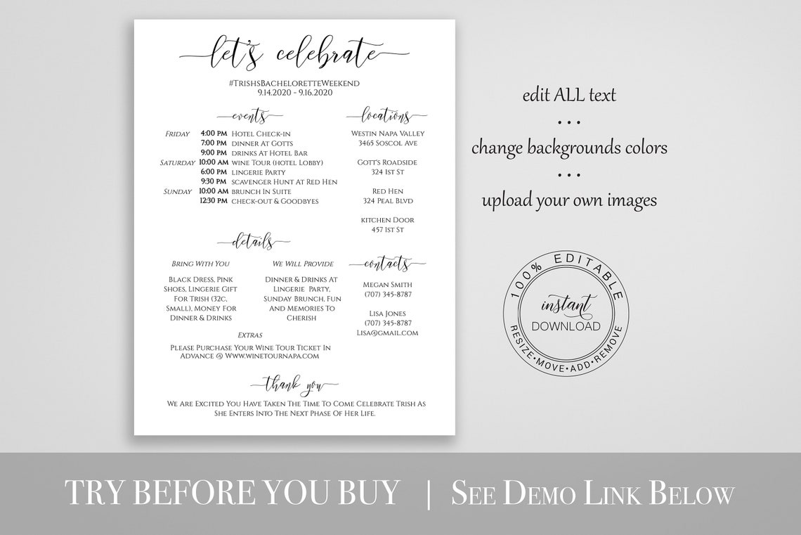 Bachelorette Weekend Itinerary &amp; Details Bridal Weekend - Etsy