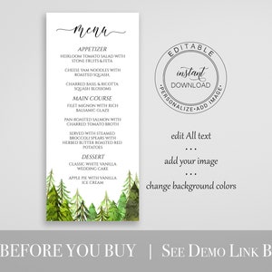 Pine Tree Menu Template, Printable Dinner Menu, Wedding Menu, Editable Template, Corjl LINDEN PPW410 image 2