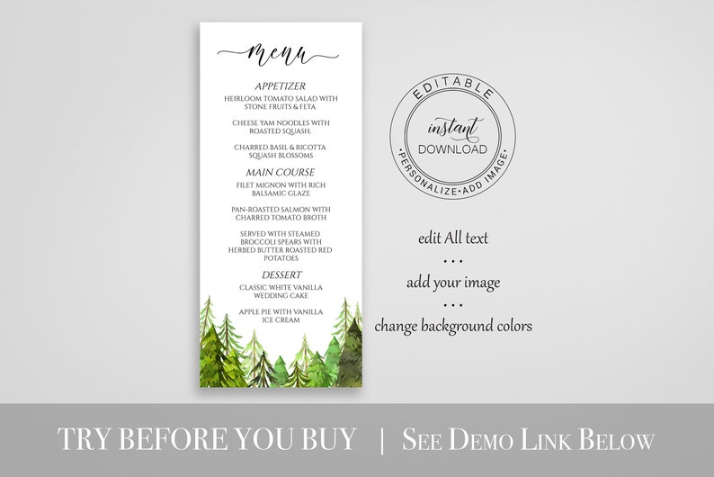 Pine Tree Menu Template, Printable Dinner Menu, Wedding Menu, Editable Template, Corjl LINDEN PPW410 image 2