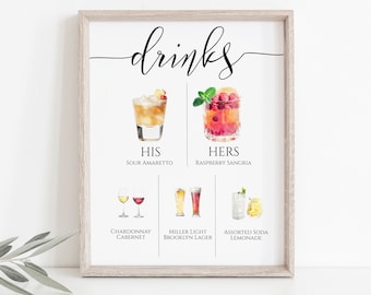 Signature Drinks Sign, Bar Menu, Bride and Groom Cocktail Template, Wedding Printable, Instant Download, Editable PPW0550 Grace