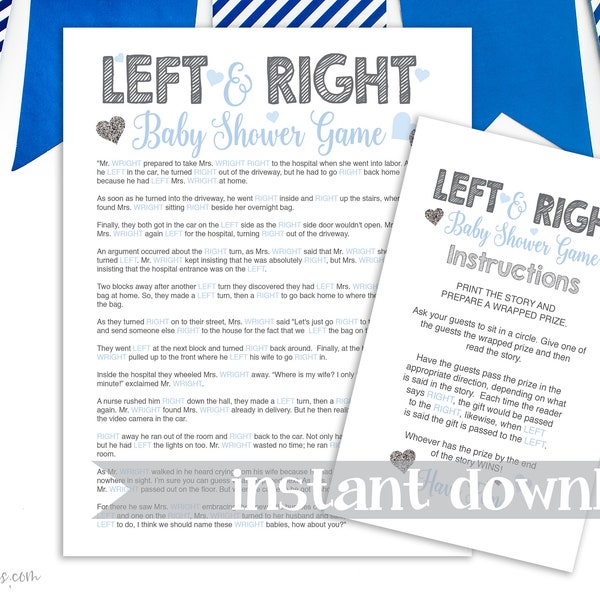 Silver Glitter Left Right Story Game ~ Blue and Silver Baby Shower ~ Baby Boy Hearts ~ Printable Game 5GL_BS