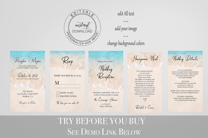 Beach Wedding Electronic Invitation Suite, Email, Text Message, Tropical Wedding, Ocean Wave, RSVP, Reception, Details PPW20 BREE image 2