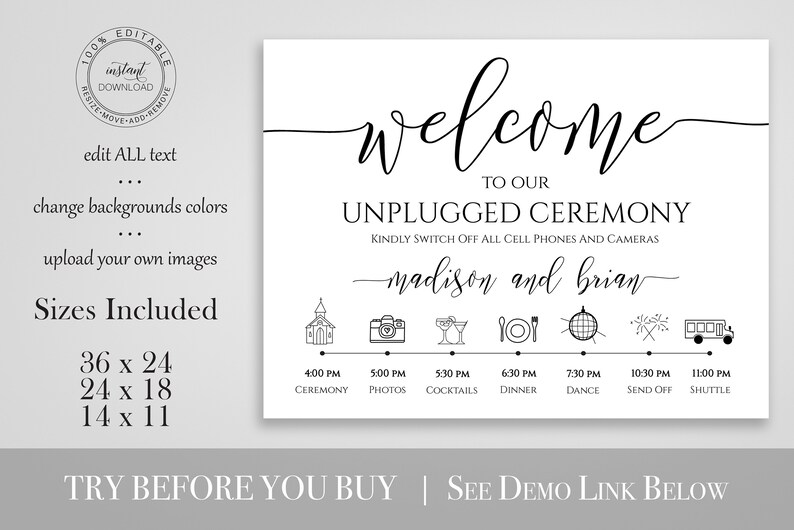 Unplugged Ceremony and Timeline Sign, Printable Timeline, Wedding Day Schedule, No Phones or Cameras 100% Editable PPW0550 Grace image 2