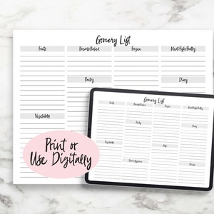 Grocery List Template, Shopping List Printable, Meal Planning, Printable PDF, GoodNotes Digital Register  SCR100