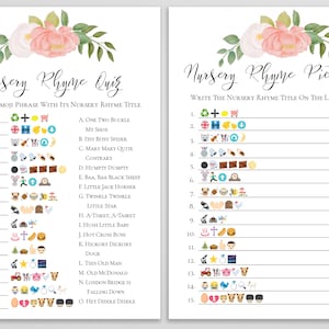 Emoji Nursery Rhyme Quiz, Pink Floral Baby Shower Game, Pink Baby Girl Theme, Printable Game PPB0230 zdjęcie 5