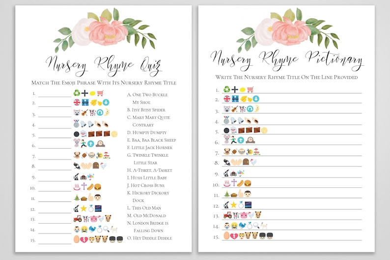 Emoji Nursery Rhyme Quiz, Pink Floral Baby Shower Game, Pink Baby Girl Theme, Printable Game PPB0230 zdjęcie 5