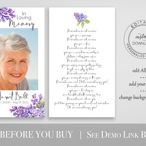 Tarjeta de oración floral lila, tarjeta conmemorativa púrpura, celebración violeta de la vida, tarjeta de poema funerario, plantilla Corjl editable PPF2021LPB SHAE imagen 2