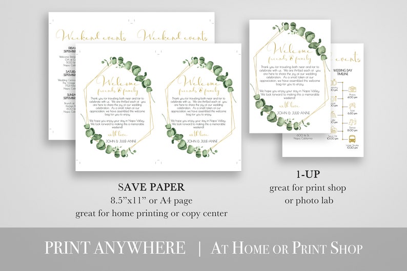 Templett PPW0445 Printable Out of Town Timeline Welcome Bag 100/% Editable Wedding Day Schedule Gold Frame Greenery Welcome Card