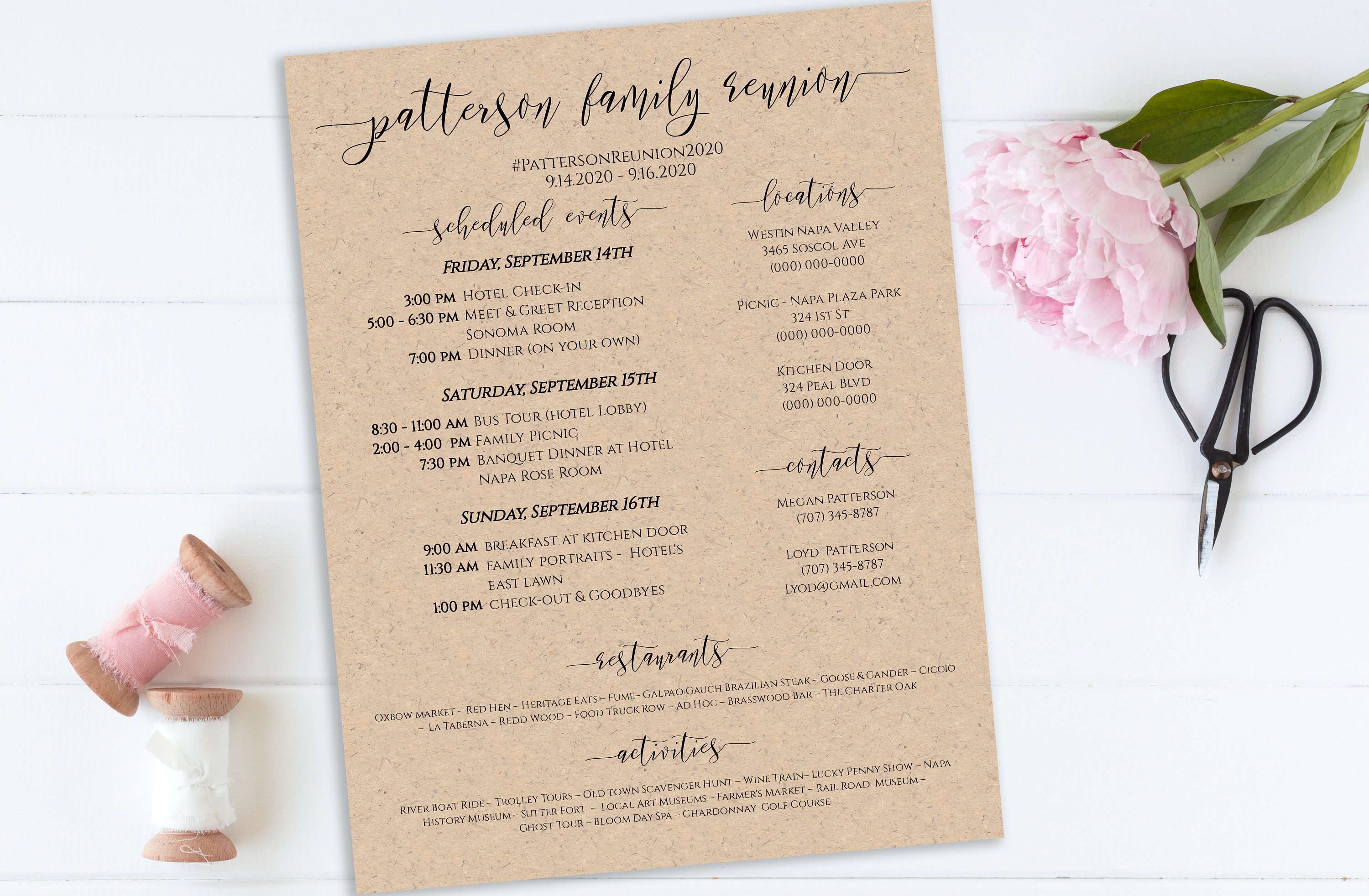 editable event itinerary template: family reunion, work event