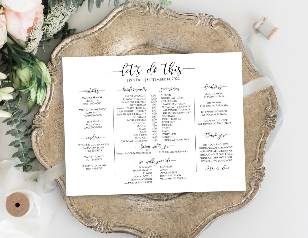 Wedding Bridal Party Timeline Handout Printable Schedule - Etsy