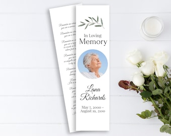 Greenery Memorial Bookmark, Celebration of Life, In Loving Memory Funeral Card, Editable Corjl Template CL800