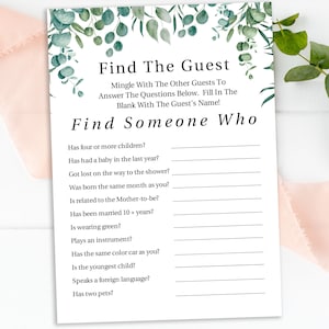 Greenery Find the Guest Game Template, Baby Shower Printable Editable PPB0440 image 1