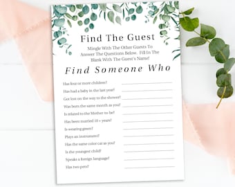 Greenery Find the Guest Game Template, Baby Shower Printable Editable PPB0440