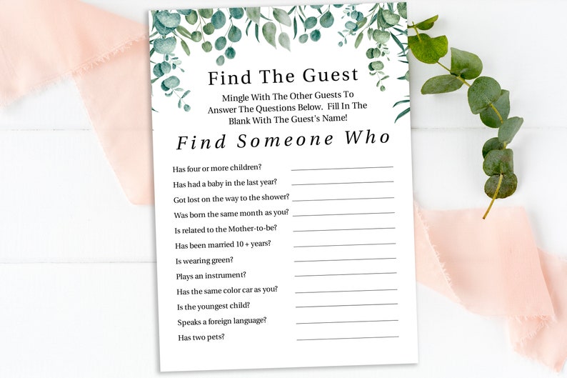 Greenery Find the Guest Game Template, Baby Shower Printable Editable PPB0440 image 1