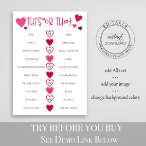 This or That Valentine's Day Party Game, Classroom School Party Game, Zoom Party Activity, Printable 100% Editable VALENTINE PPH21-1 image 2