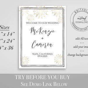 Gold and Silver Wedding Welcome Sign, Wedding Sign, Ceremony Display, Easel Sign, Gold Sunburst Fireworks Template Editable Corjl PPW-NY21 image 2