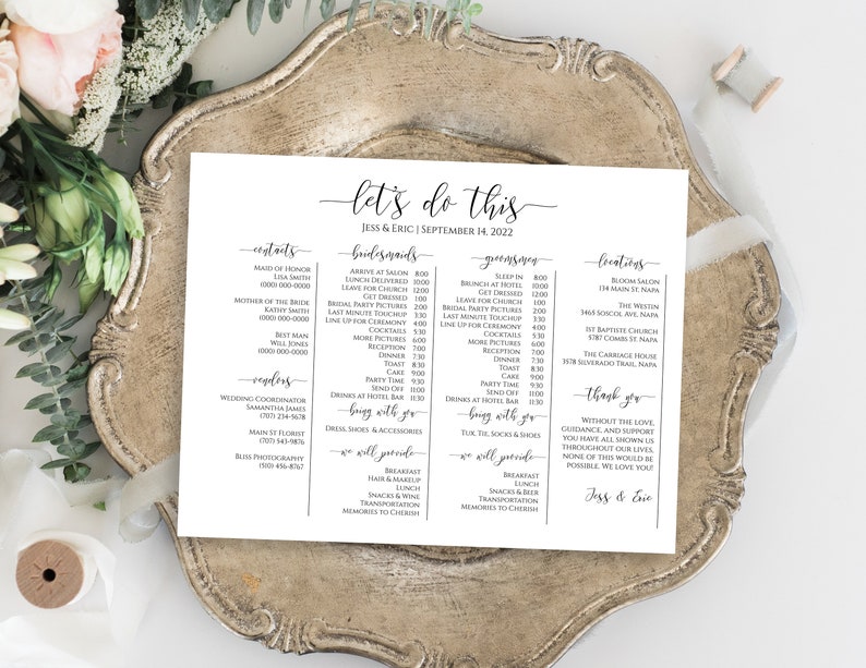 Wedding Party Timeline, Printable Wedding Day Schedule, Groomsmen Itinerary, Bridesmaid Agenda 100% Editable, Landscape Format PPW0550 Grace image 6