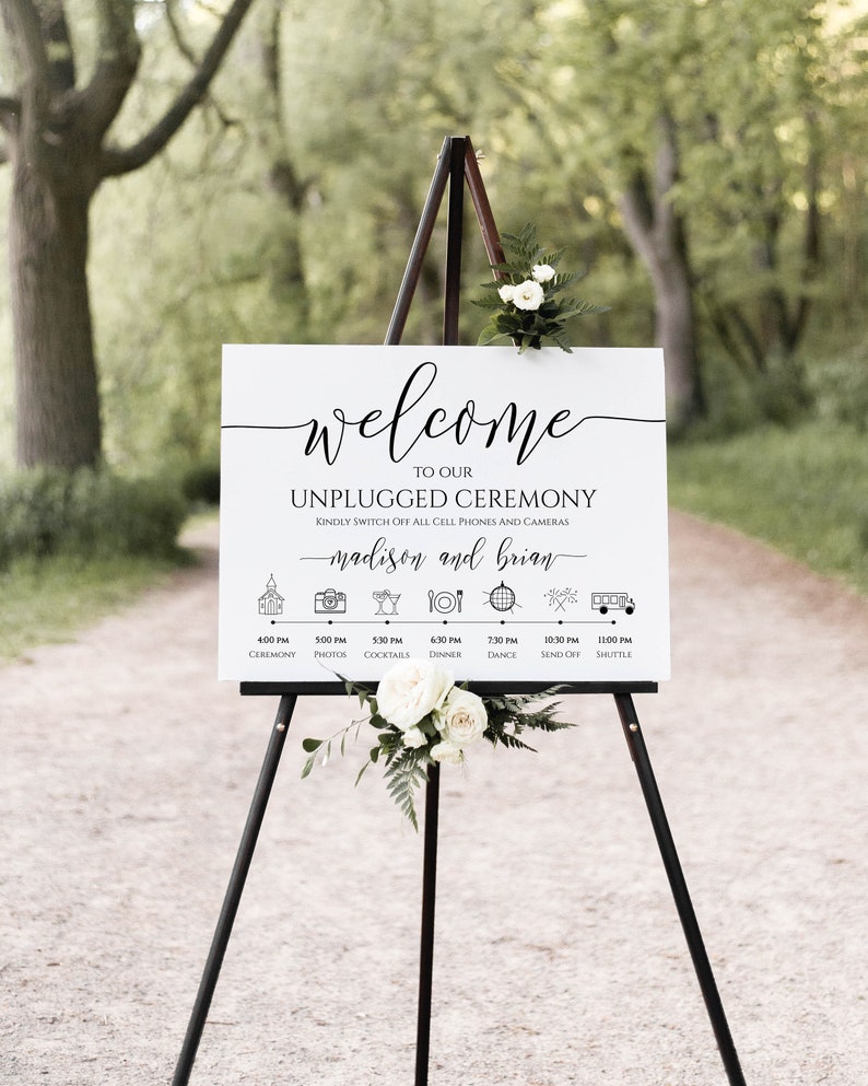 Unplugged Ceremony and Timeline Sign, Printable Timeline, Wedding Day Schedule, No Phones or Cameras 100% Editable PPW0550 Grace image 1