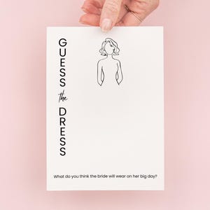 May include: A white card with the text "GUESS the DRESS" and a line drawing of a woman. The text below the drawing asks "What do you think the bride will wear on her big day?"