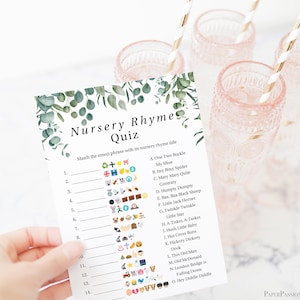 Emoji Nursery Rhyme Quiz Greenery Eucalyptus Baby Shower Game Green Foliage Gender Neutral Theme Printable Game PPB0440 image 6