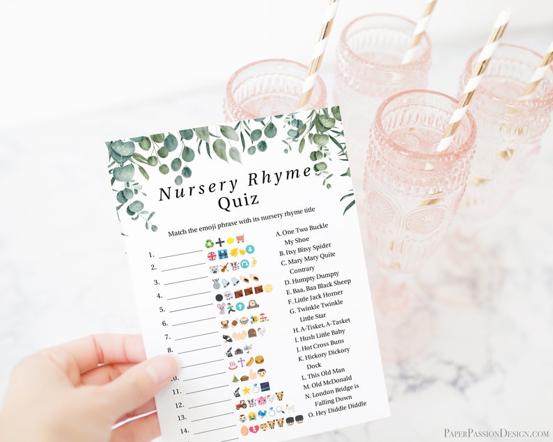 Emoji Nursery Rhyme Quiz Greenery Eucalyptus Baby Shower Game Green Foliage Gender Neutral Theme Printable Game PPB0440 image 6