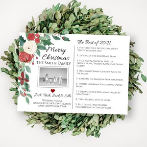 Christmas Card Template, Best of 2019 Letter, Greenery & Red Floral Holiday, Family Photo, Editable PPC-19