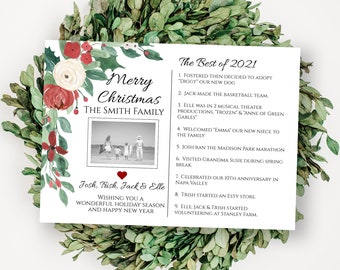 Christmas Card Template, Best of 2019 Letter, Greenery & Red Floral Holiday, Family Photo, Editable PPC-19