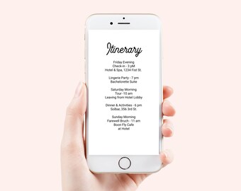 Itinerary, Bachelorette, Wedding, Family Reunion, Electronic Schedule, Email Itinerary, Editable Text, Editable, Corjl PPW300 ELLA