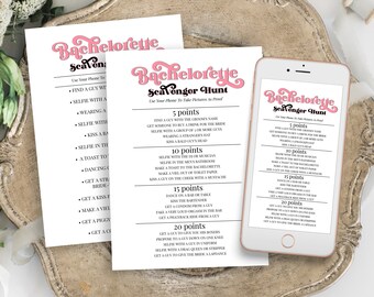 Pink Bachelorette Party Scavenger Hunt Game Template, Retro Graphics, Bridal Weekend,  Printable, Printable & Electronic Editable PPW70