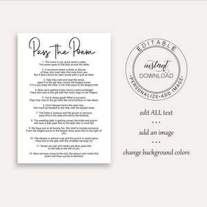 Pass the Poem Bridal Shower Game Template, Editable Modern Printable ...