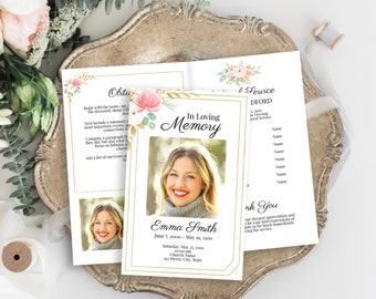 Pink Floral Memorial Program, Celebration of Life, Gold & Greenery Funeral Schedule Card, Editable Corjl Template PPF260