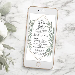 Wedding Rehearsal Dinner Invite, The Night Before Electronic Invitation, Evite, Digital, Text Message, Gold and Greenery, Template CEDAR-N4 image 6