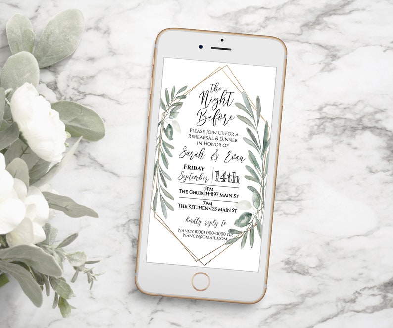 Wedding Rehearsal Dinner Invite, The Night Before Electronic Invitation, Evite, Digital, Text Message, Gold and Greenery, Template CEDAR-N4 image 6