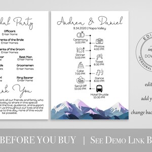 Wedding Program & Timeline Template, Wedding Day Plan, Schedule of Events, Winter Mountain Range, Printable Template, Corjl ANDES PPW420 image 2