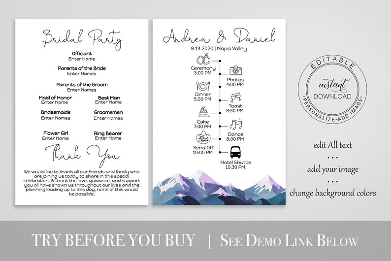 Wedding Program & Timeline Template, Wedding Day Plan, Schedule of Events, Winter Mountain Range, Printable Template, Corjl ANDES PPW420 image 2