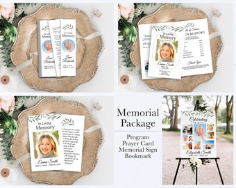 Memorial Package Welcome Sign, Program, Prayer Card, Bookmark Celebration of Life, Editable Corjl Template CL800