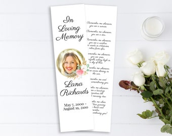 Pink Floral Memorial Bookmark, Celebration of Life, Gold & Greenery Funeral Poem Card, Editable Corjl Template PPF260