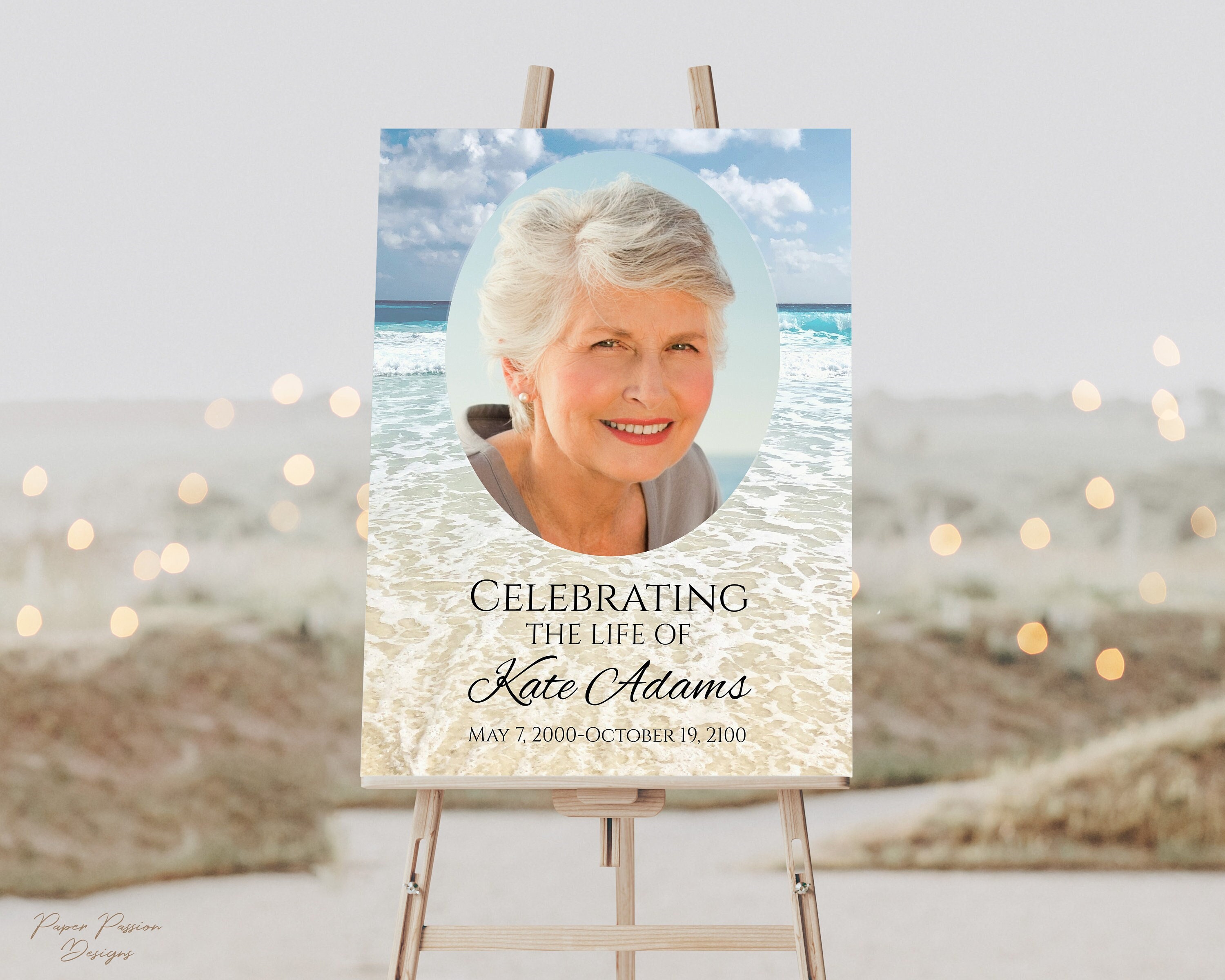 For this beach themed Celebration of Life, the memory table had vases with  beach sand and she…