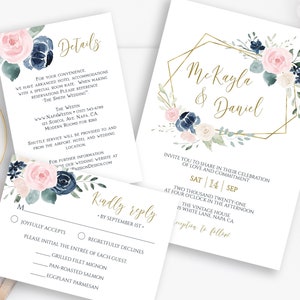 Wedding Invitation Suite, Invite, RSVP, Details Card, Navy and Pink Floral, Gold Frame, Editable Corjl Template PPW265 OLEA image 9