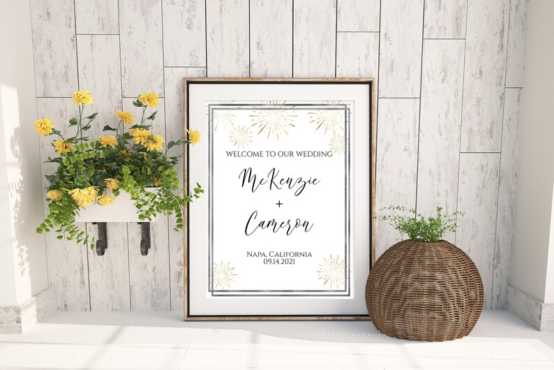 Gold and Silver Wedding Welcome Sign, Wedding Sign, Ceremony Display, Easel Sign, Gold Sunburst Fireworks Template Editable Corjl PPW-NY21 image 8