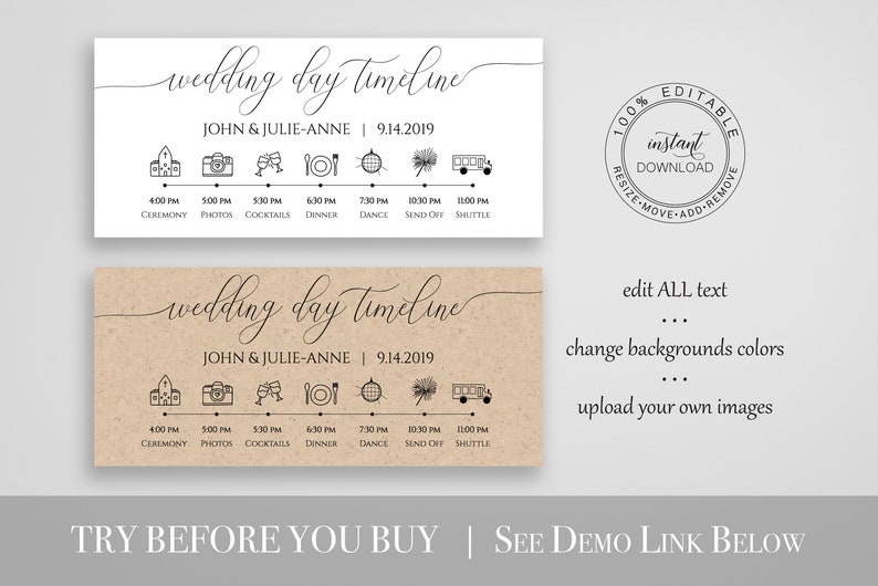 Wedding Day Timeline, Printable Wedding Day Schedule, Reception Itinerary, Bridal Agenda, Minimalist Editable, PPW0560 image 2