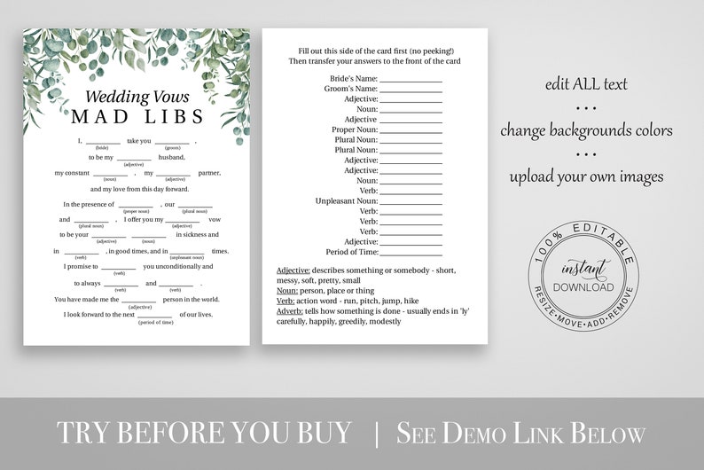 Greenery Wedding Vows Mad Libs Game Template, Bridal Shower Printable 100% Editable, PPW0440 image 5