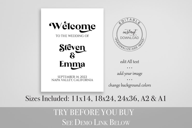 Wedding Welcome Sign Template, Wedding Printable, Editable Large Display Sign PPW74 image 2