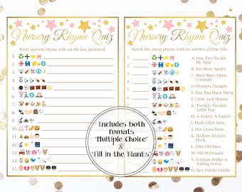 Emoji Nursery Rhyme Quiz, Gold and Pink Baby Shower, Baby Girl, Star Theme, Printable Game 31GldPStar